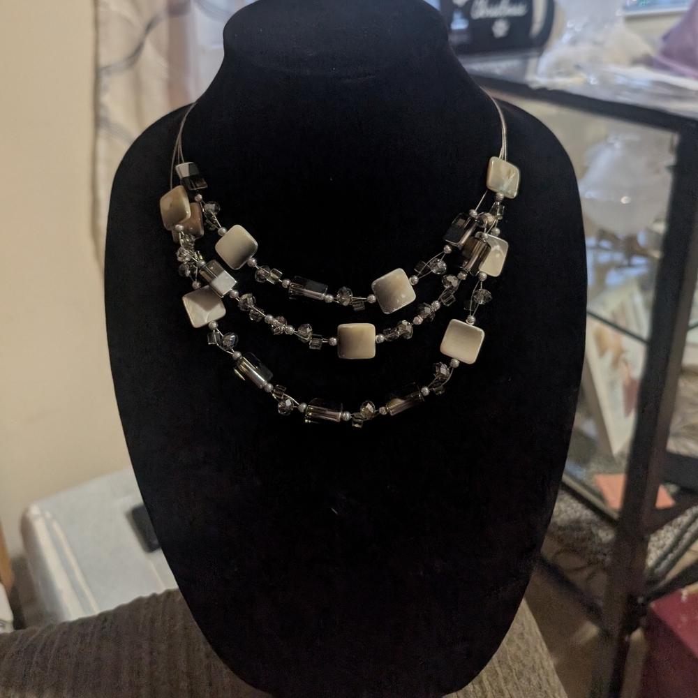 Multi-Strand Silver Tone Beaded Necklace Crystal MOP Hematite Statement Jewelry